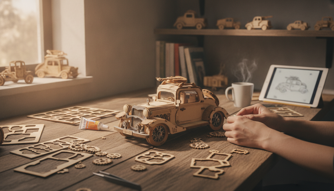 Build & Display: Vintage Car 3D Wooden Puzzle Kit