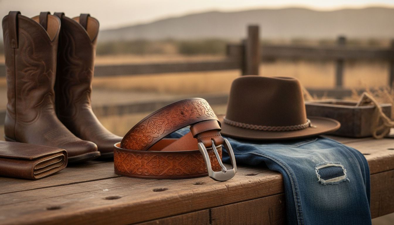 Embossed Western Cowboy Belt: 1.5" Genuine Leather