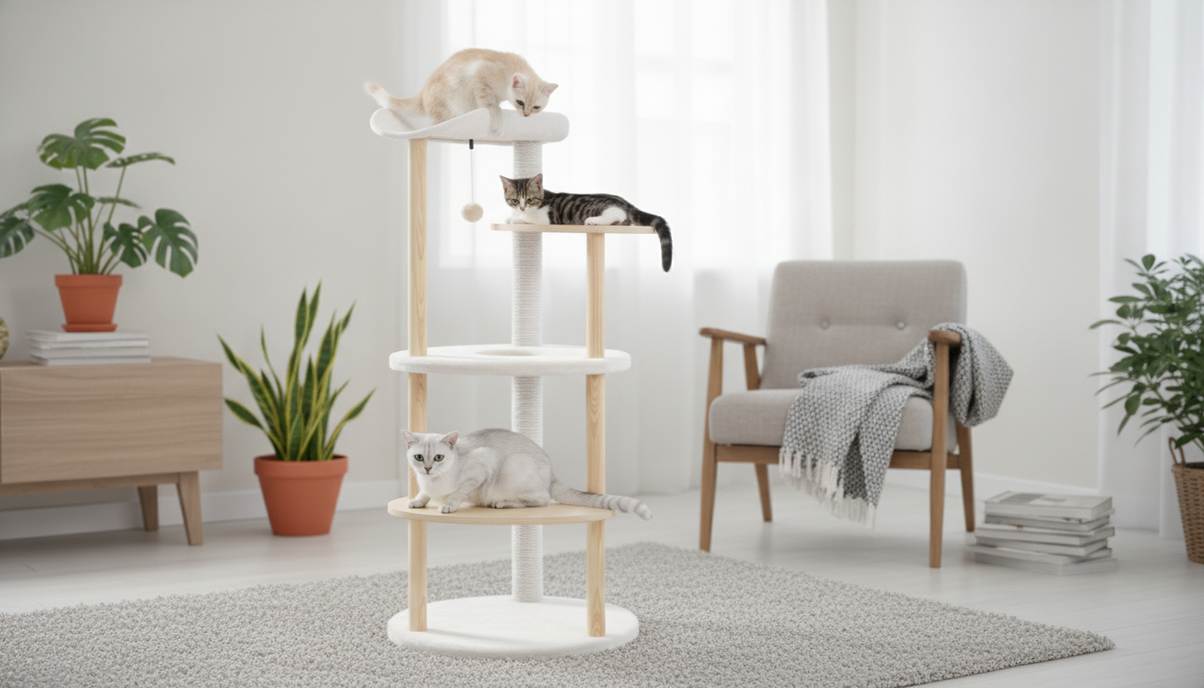 Modern Wooden Cat Tree Tower: Perches, Condo & Scratcher