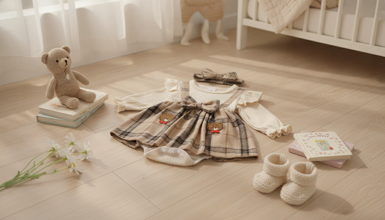 Plaid Baby Girl Romper Dress Set with Bear & Headband