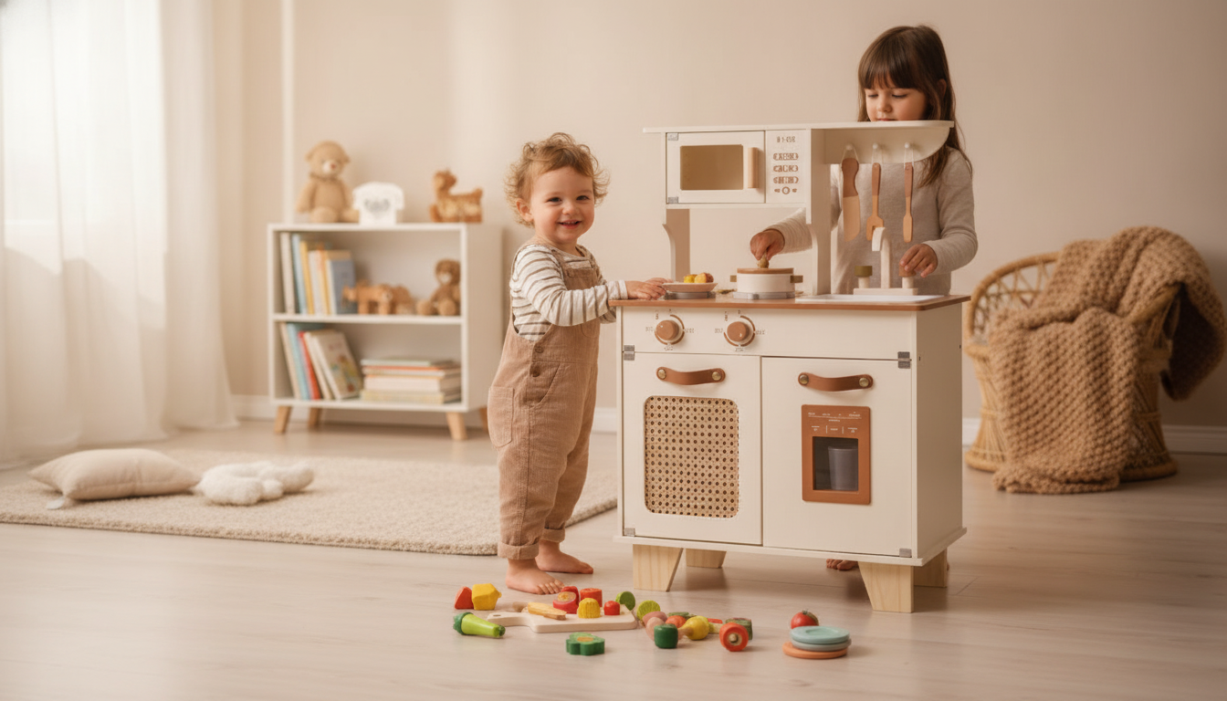 Wooden Play Kitchen with Ice Maker: Kids Pretend Set